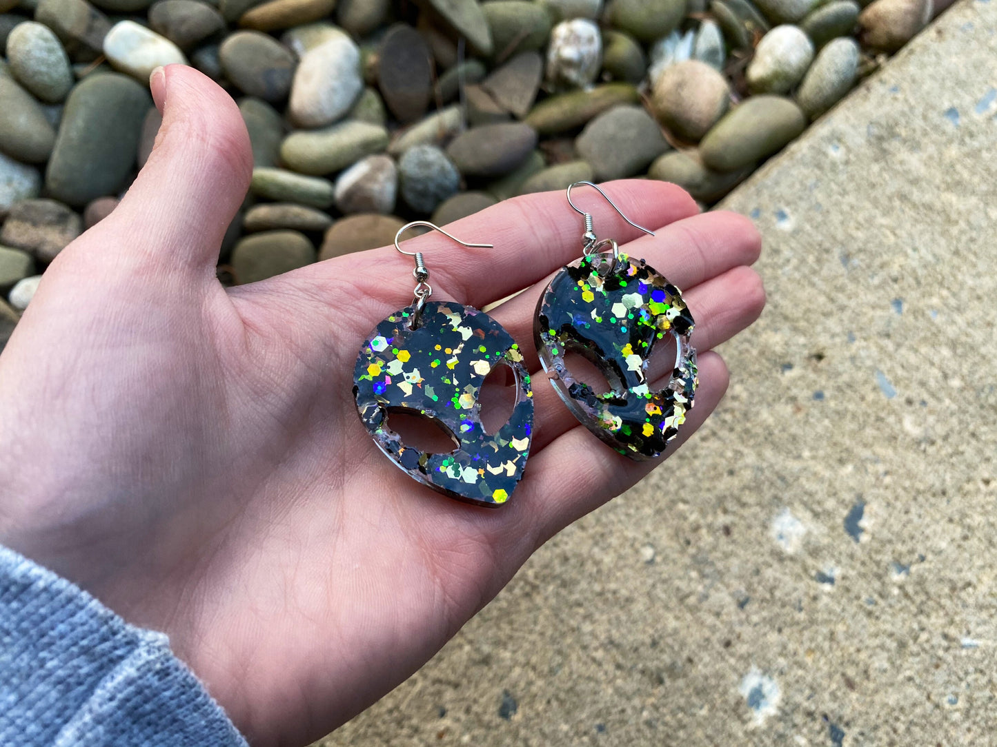 Gold Black and Rainbow Glitter Alien Head Earrings