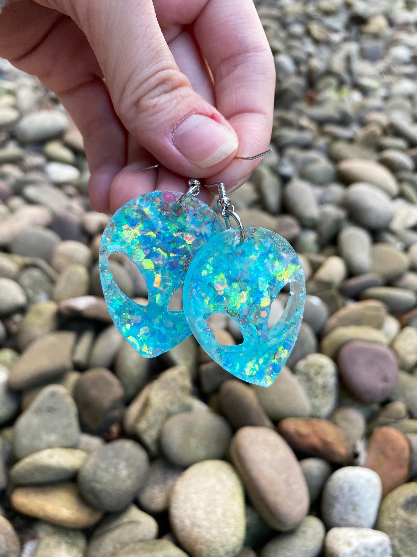 Blue Iridescent Trippy Alien Head Earrings