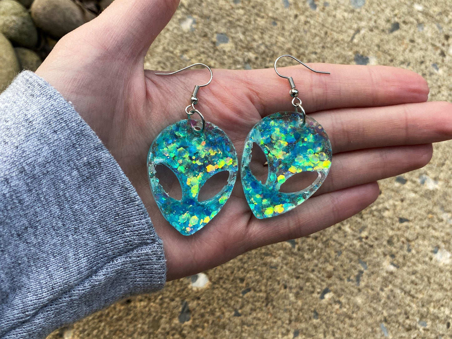 Blue Iridescent Trippy Alien Head Earrings