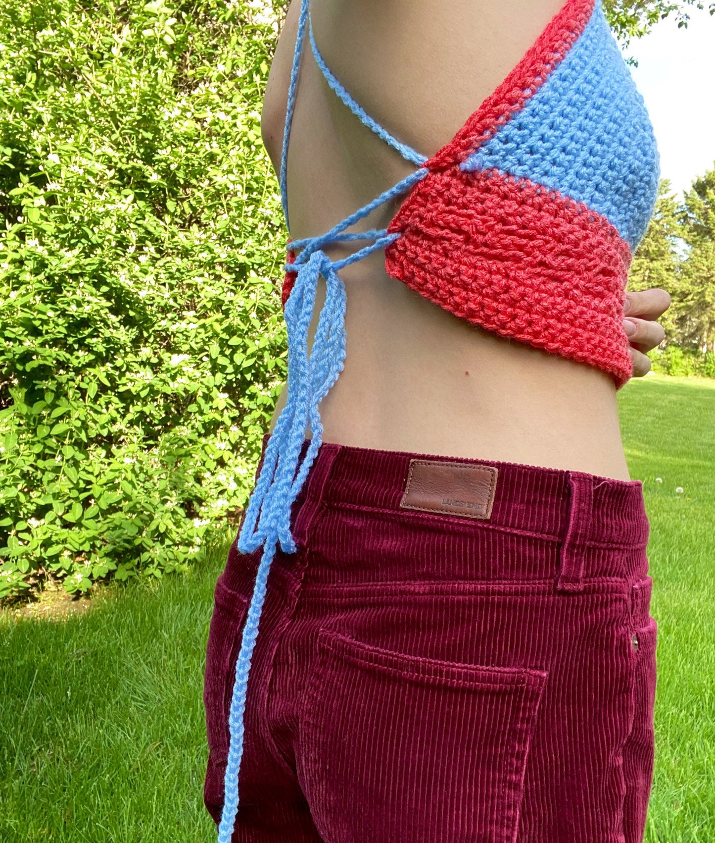 Blue Pink Crochet Crop Top with Adjustable Chain