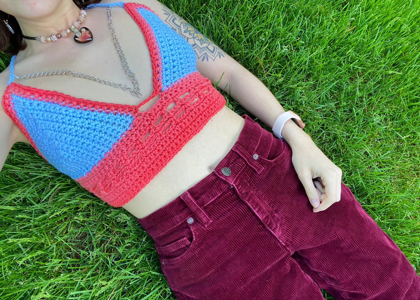 Blue Pink Crochet Crop Top with Adjustable Chain