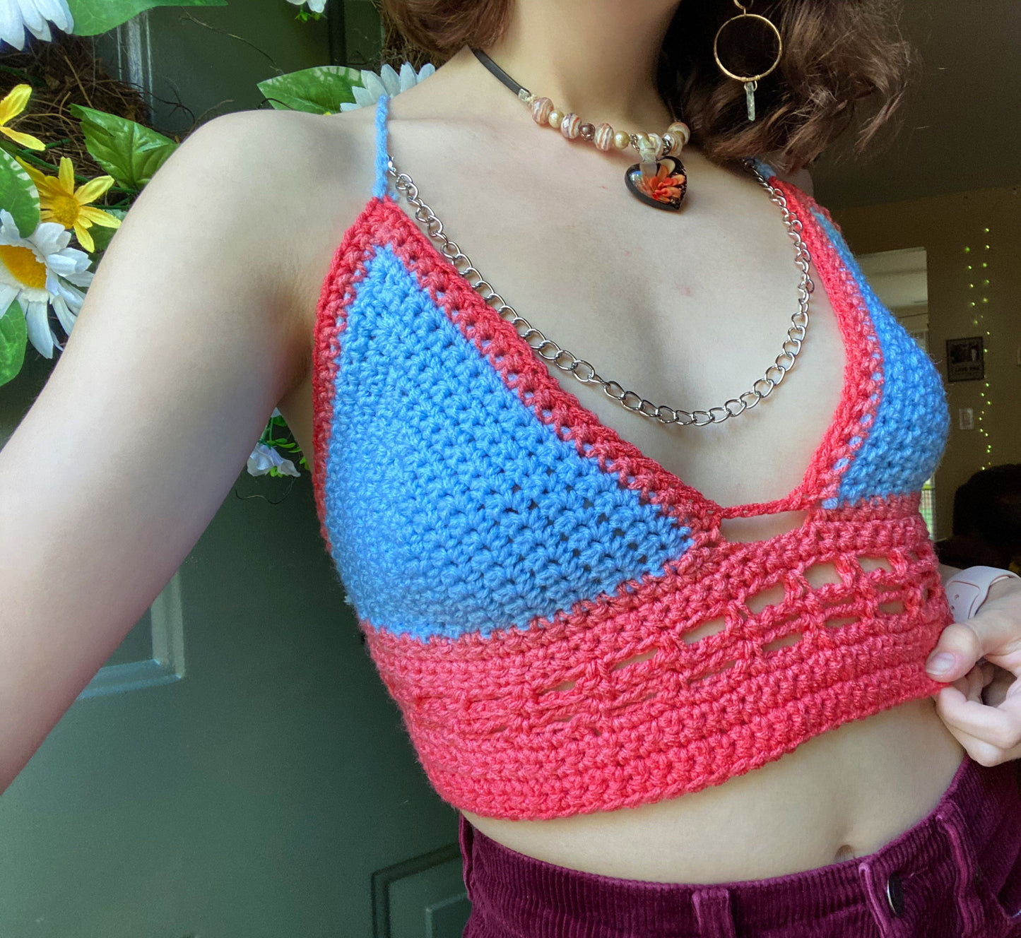 Blue Pink Crochet Crop Top with Adjustable Chain