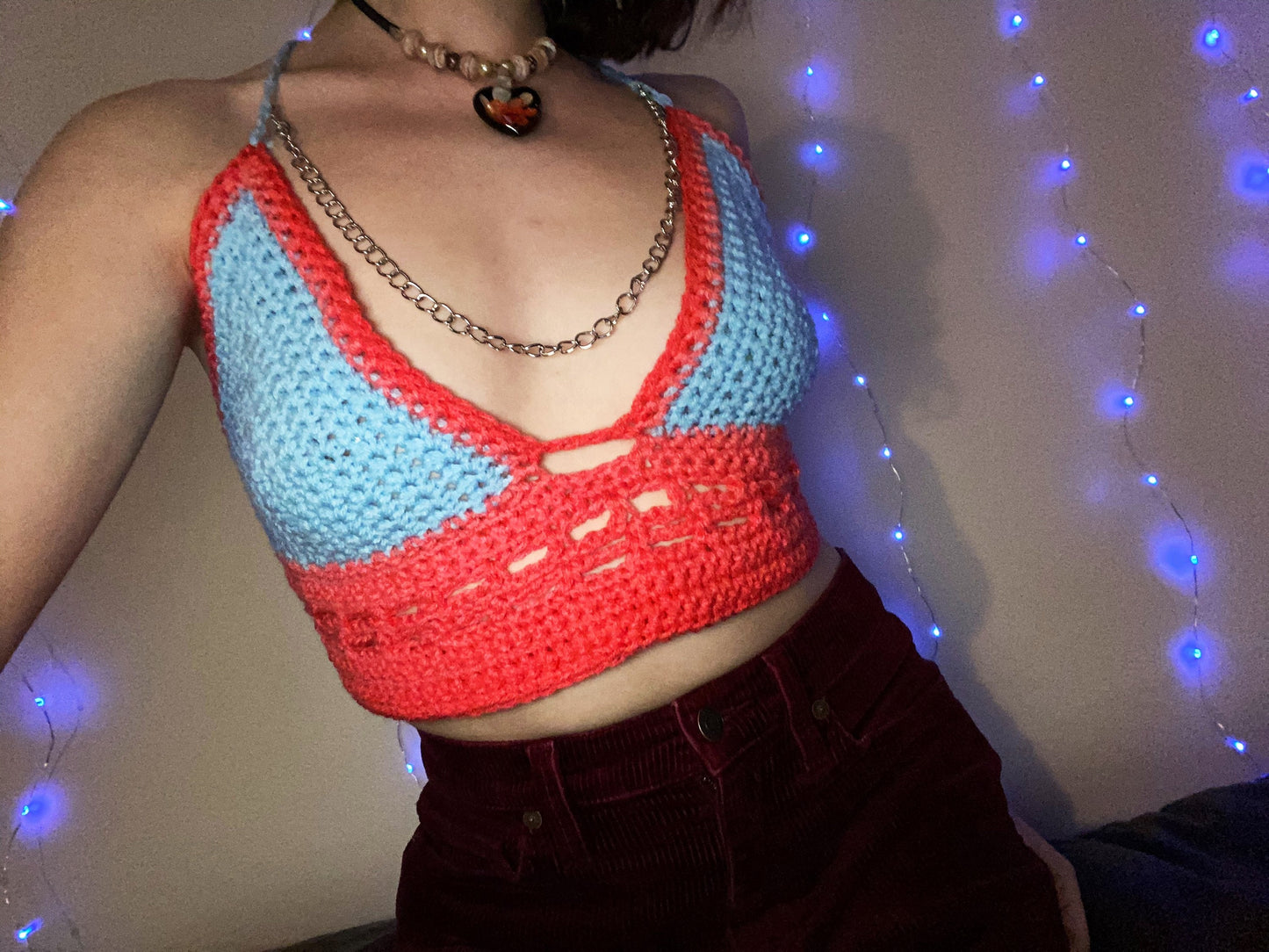 Blue Pink Crochet Crop Top with Adjustable Chain