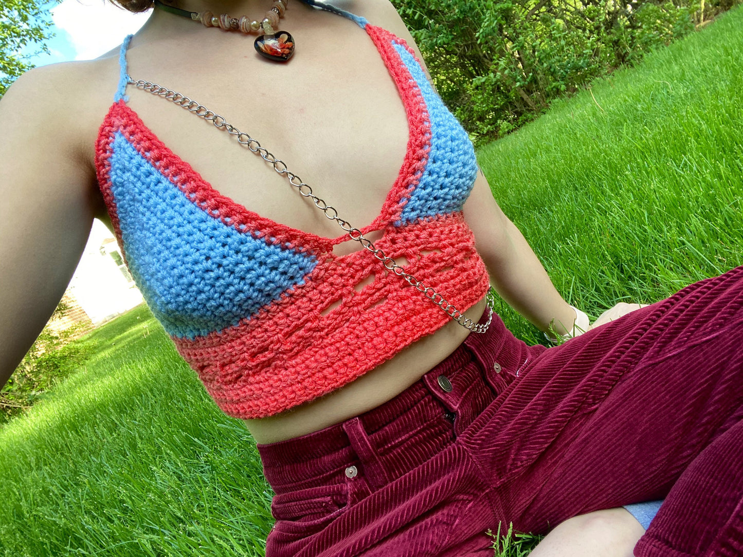 Blue Pink Crochet Crop Top with Adjustable Chain