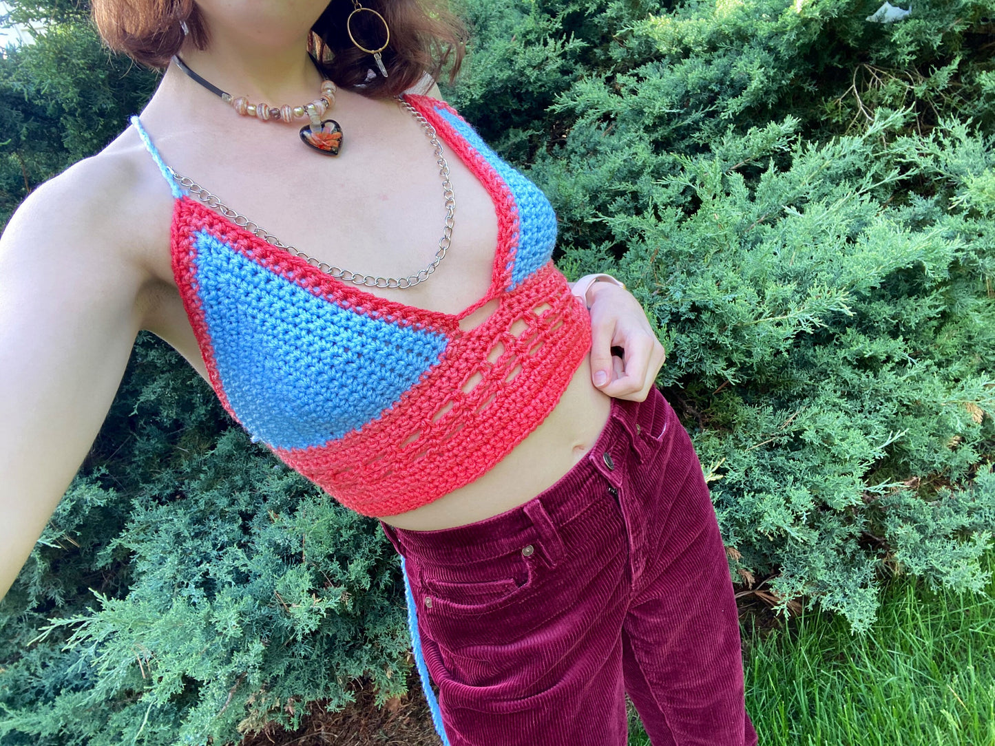 Blue Pink Crochet Crop Top with Adjustable Chain