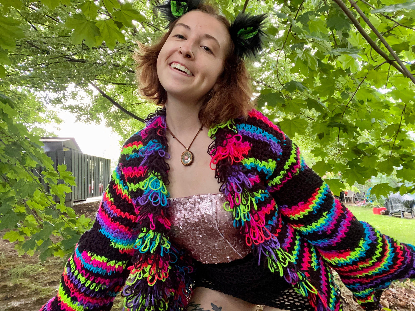 UV Light Reactive Furry Collared Crochet Cardigan