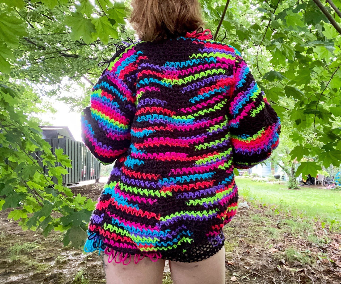 UV Light Reactive Furry Collared Crochet Cardigan