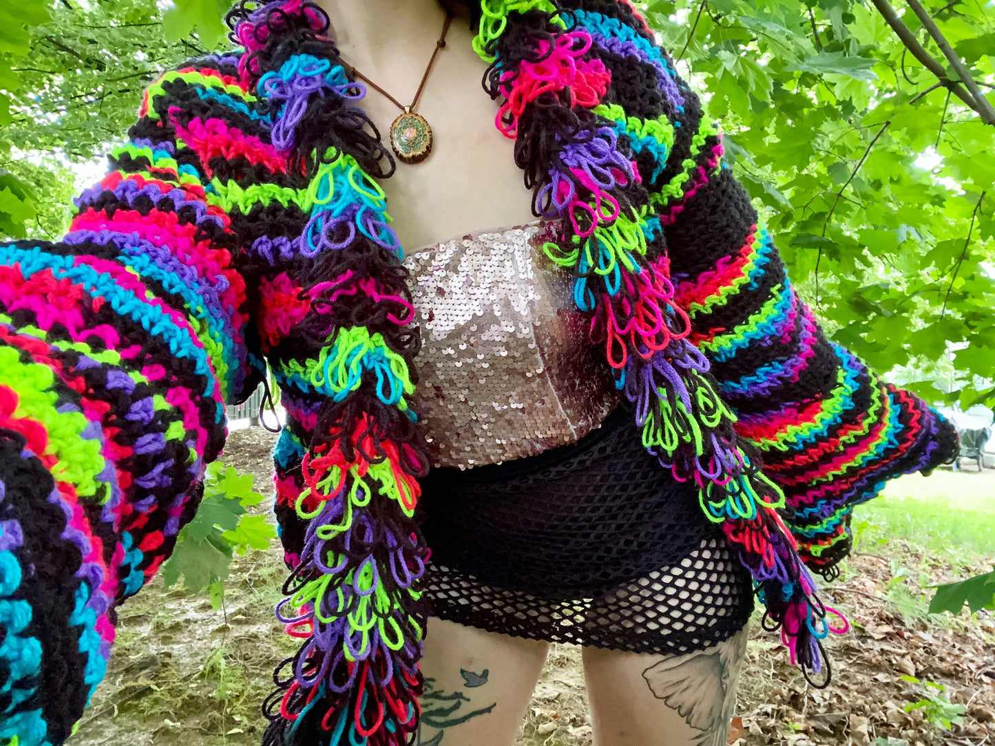 UV Light Reactive Furry Collared Crochet Cardigan