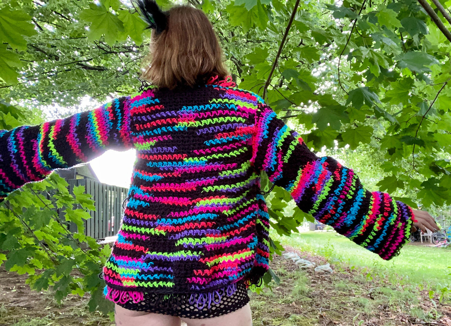 UV Light Reactive Furry Collared Crochet Cardigan