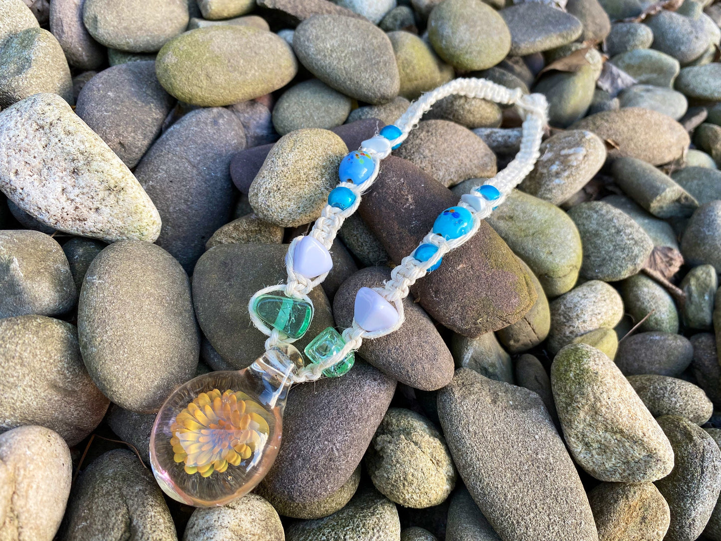 Yellow Flower Glass Pendant Beaded Hemp Choker