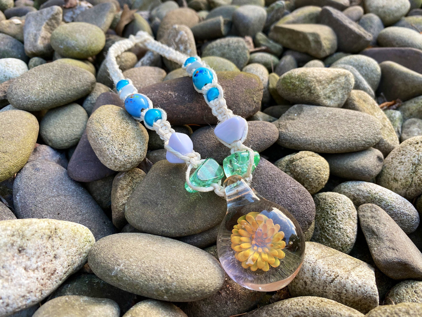 Yellow Flower Glass Pendant Beaded Hemp Choker