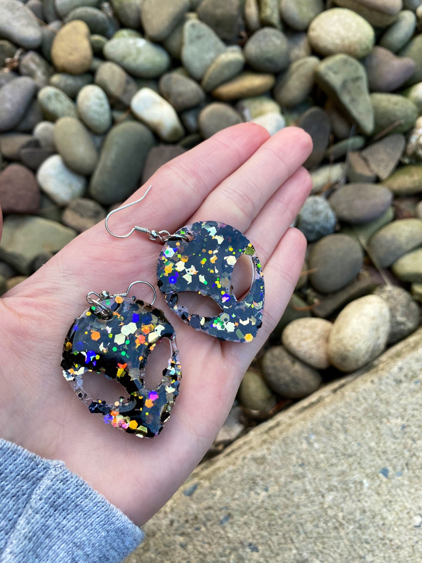 Gold Black and Rainbow Glitter Alien Head Earrings