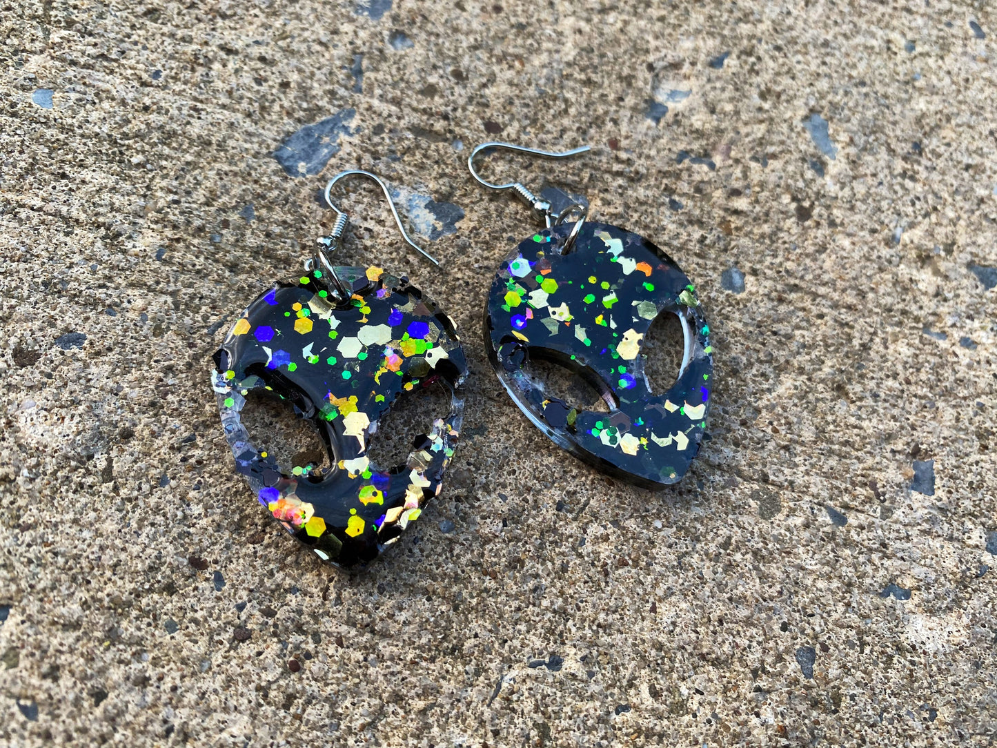 Gold Black and Rainbow Glitter Alien Head Earrings