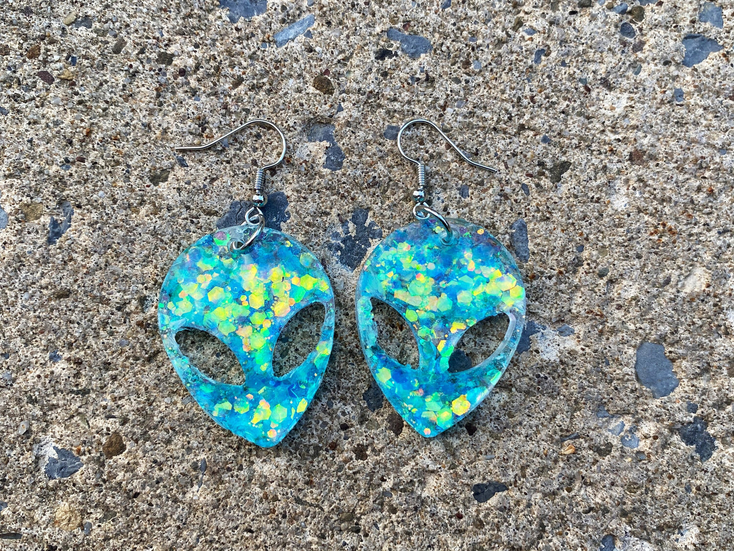 Blue Iridescent Trippy Alien Head Earrings