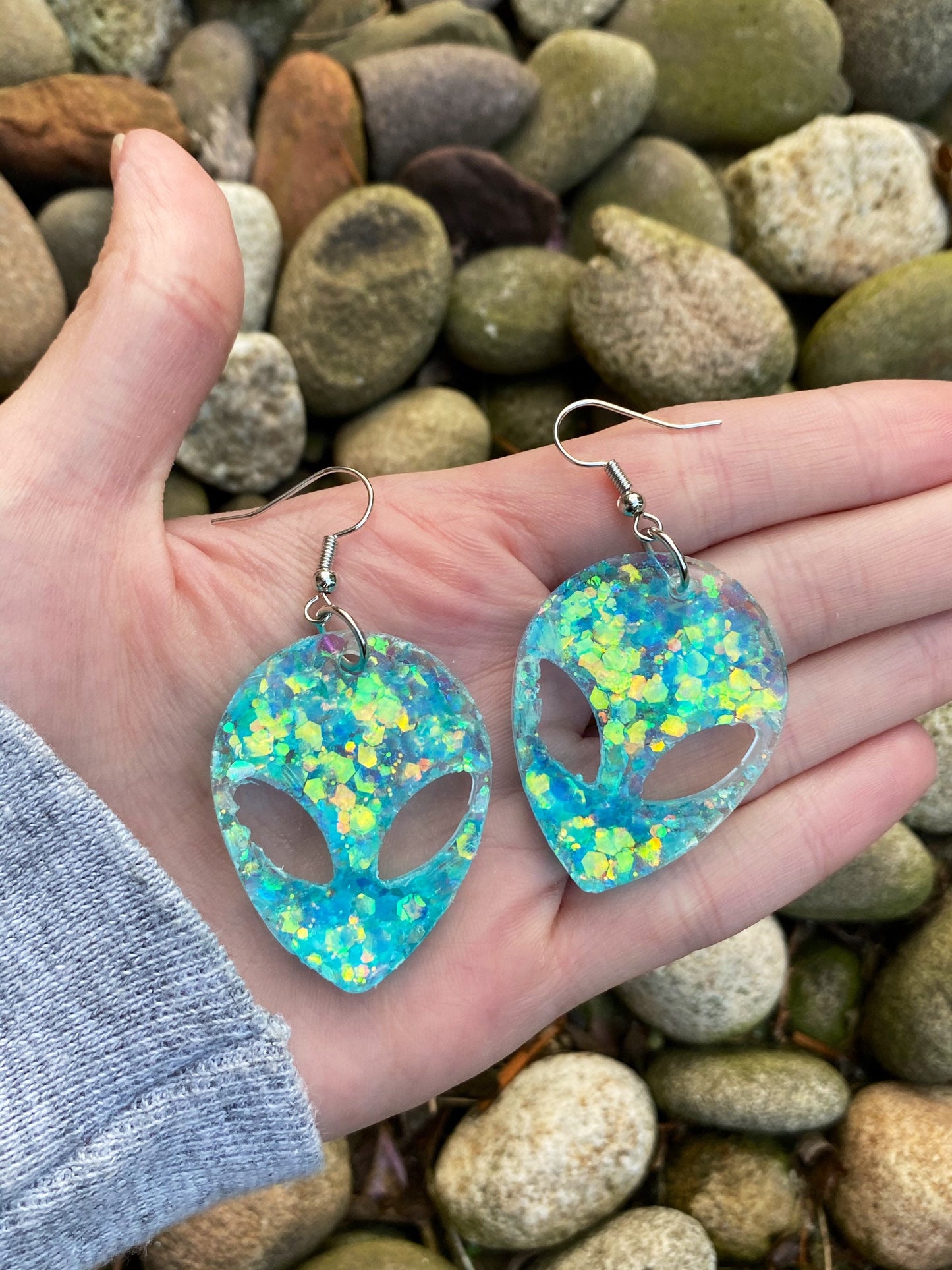 Blue Iridescent Trippy Alien Head Earrings