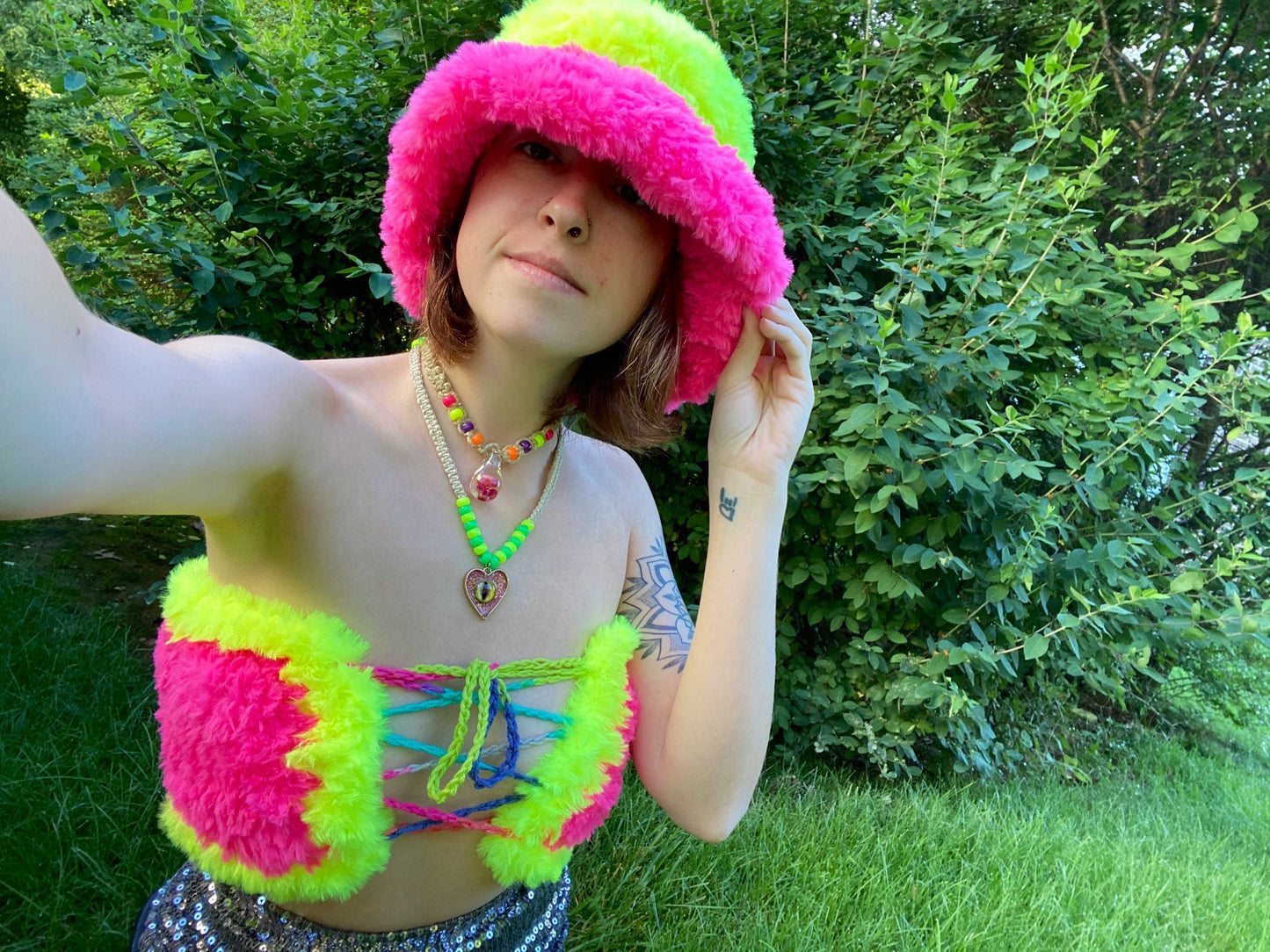 Crochet Faux Fur Bucket Hat and Tube Top Set