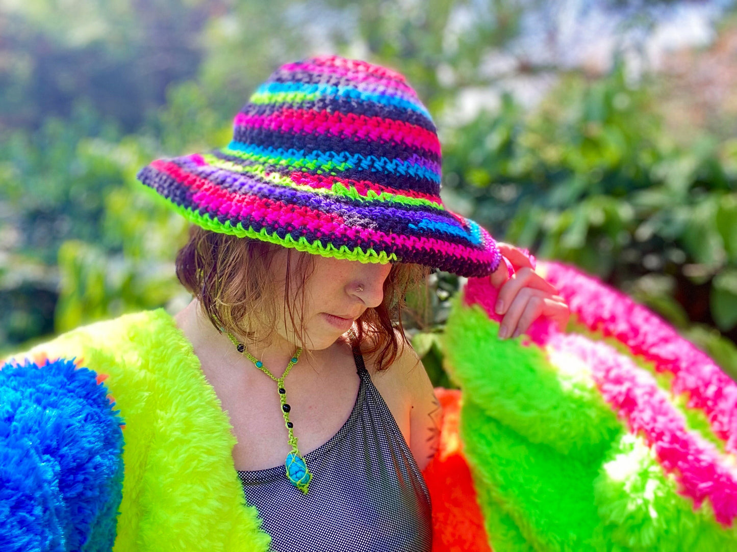 Black and Neon Crochet Fedora Hat