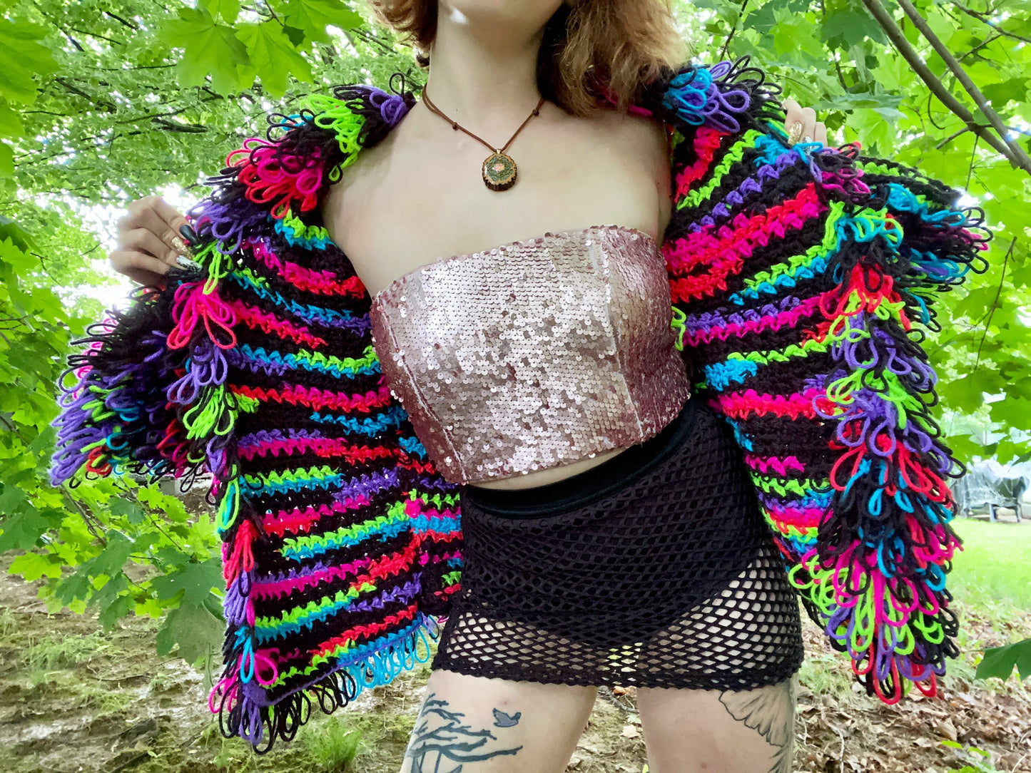 Made to Order “Blackstripe” Shaggy Fringe Crochet Cardigan