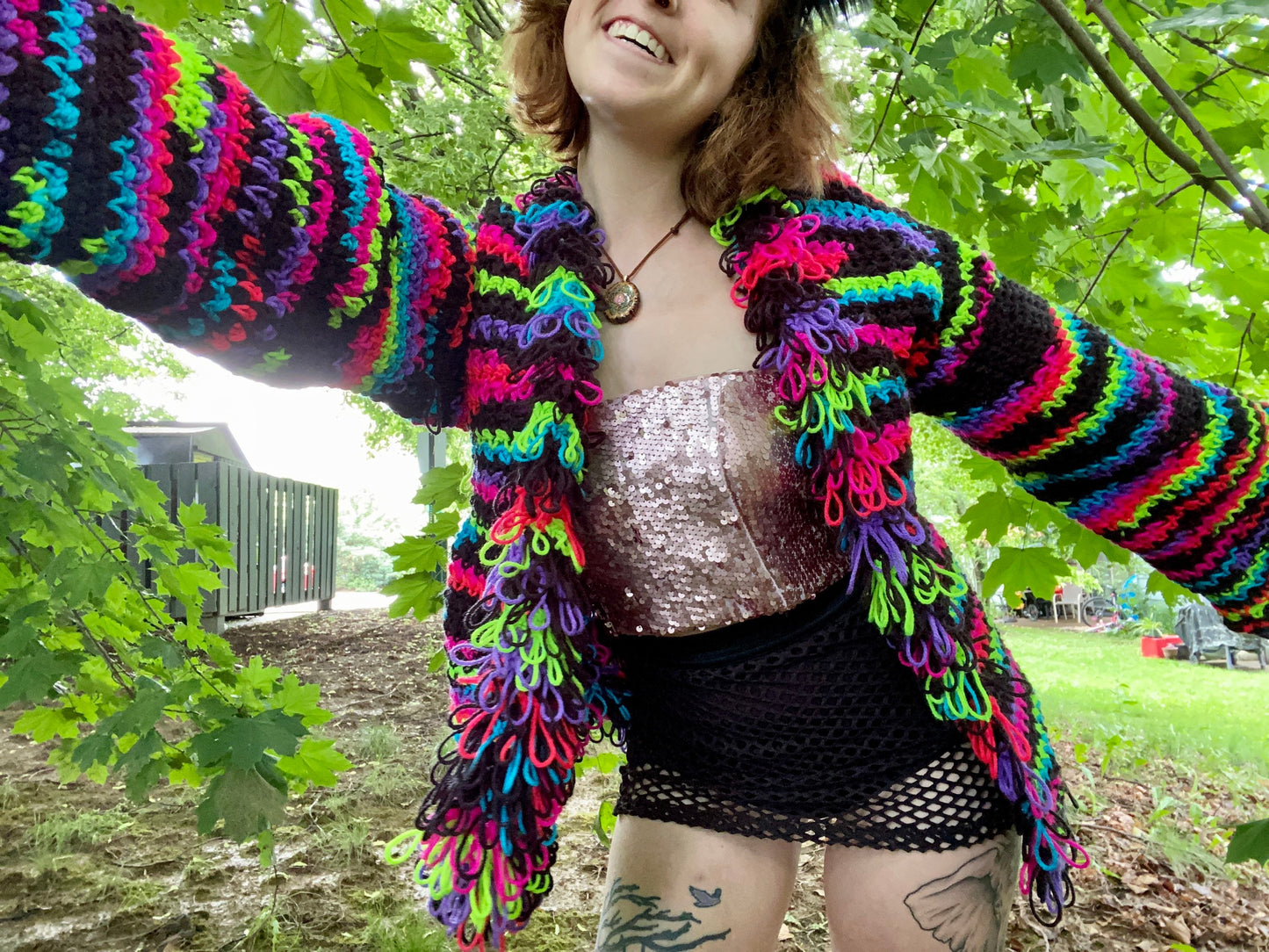 UV Light Reactive Furry Collared Crochet Cardigan