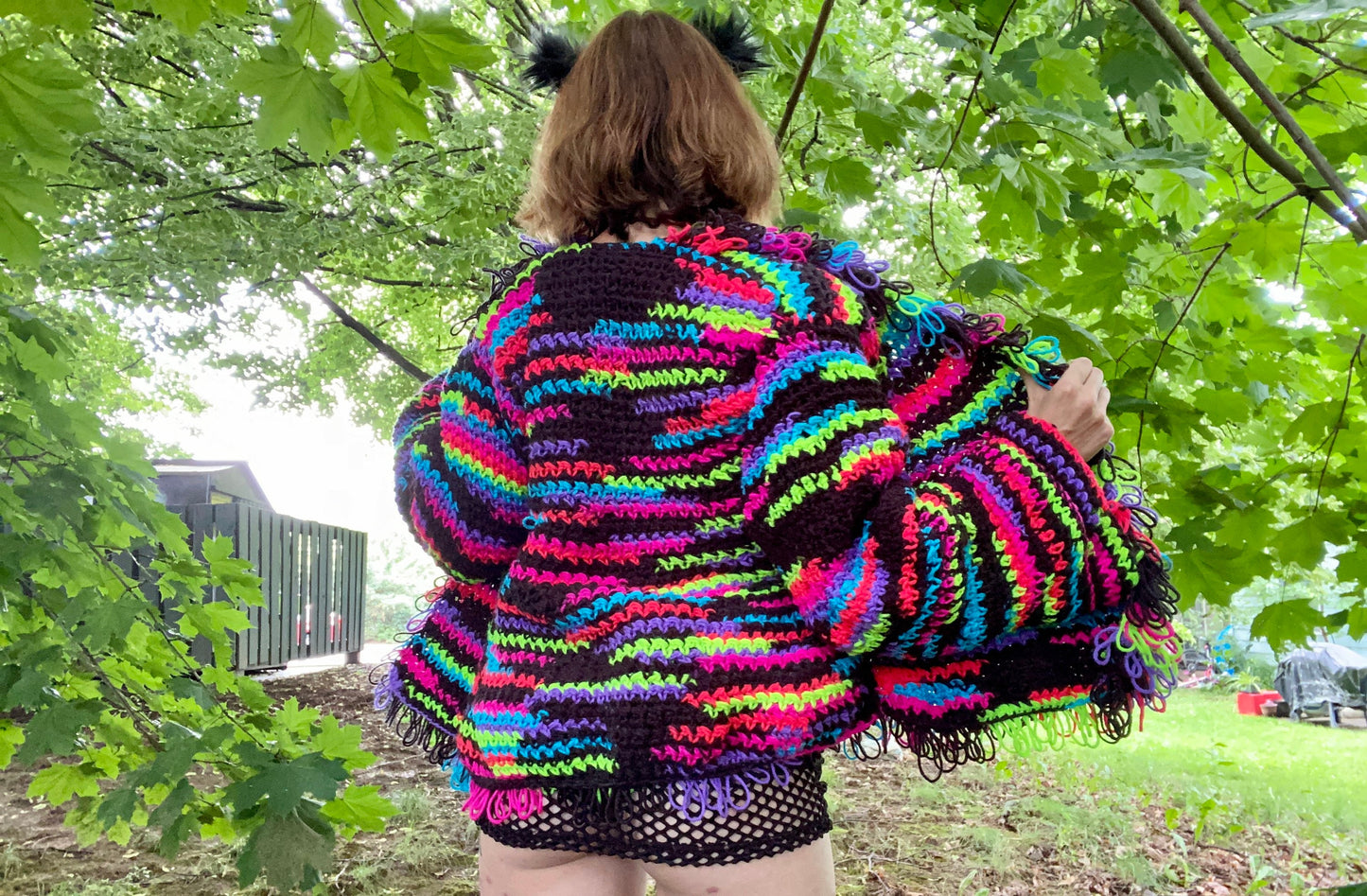 UV Light Reactive Furry Collared Crochet Cardigan