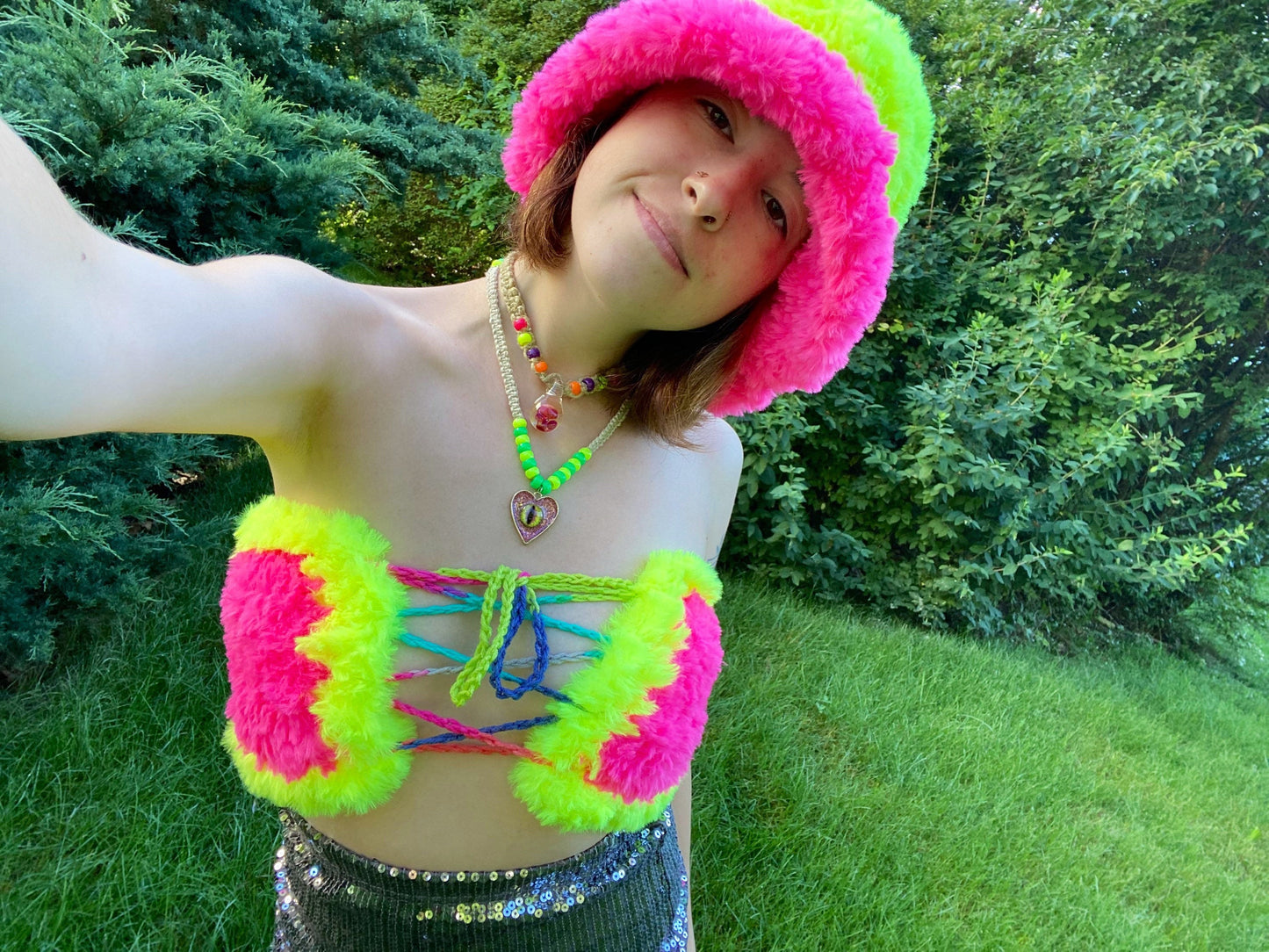 Crochet Faux Fur Bucket Hat and Tube Top Set