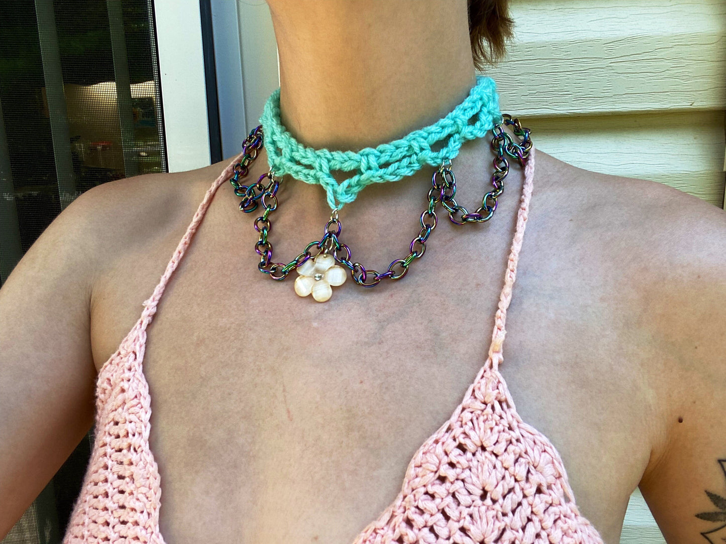 Crochet Flower Charm and Chain Choker