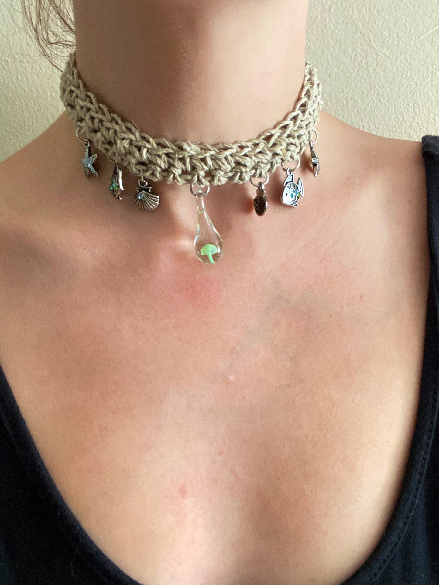 Beach Babe Green Mushroom Hemp Crochet Choker