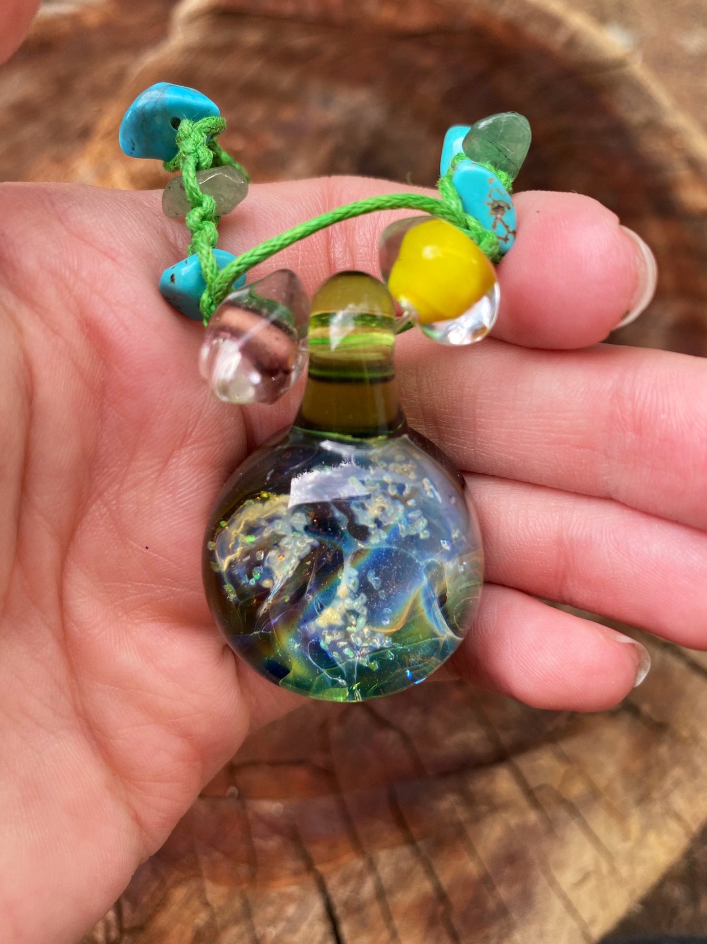 Ocean Eyes Handmade Glass Pendant on Green Hemp with Gemstone Chips