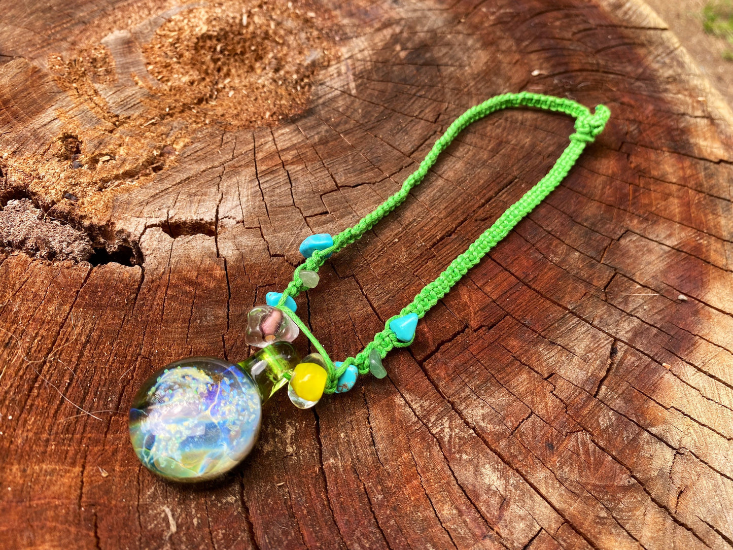 Ocean Eyes Handmade Glass Pendant on Green Hemp with Gemstone Chips