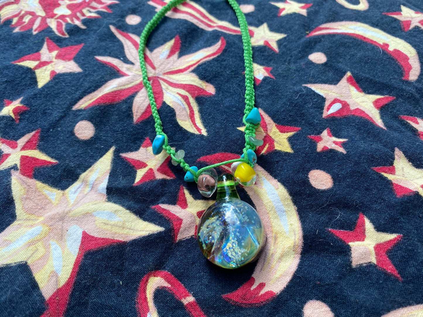 Ocean Eyes Handmade Glass Pendant on Green Hemp with Gemstone Chips