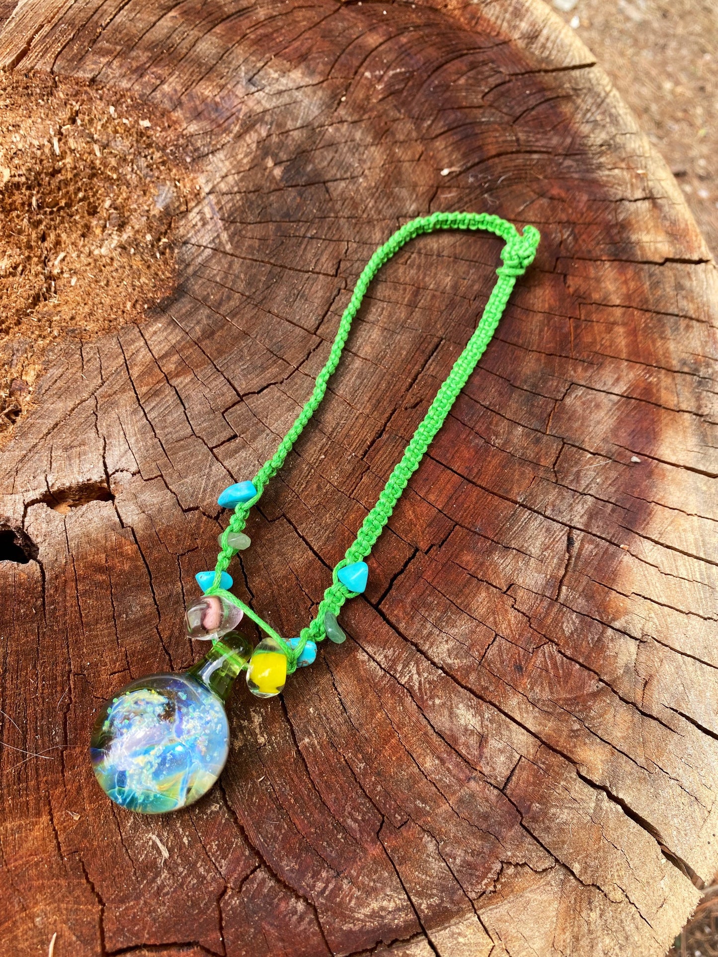 Ocean Eyes Handmade Glass Pendant on Green Hemp with Gemstone Chips