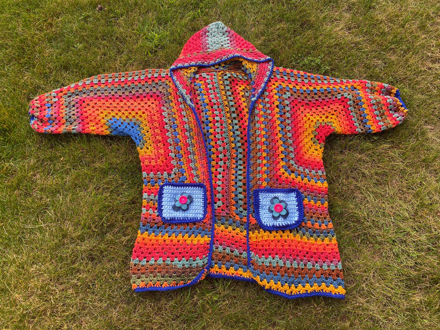 Customizable Rainbow Flower Pocket Crochet Cardigan