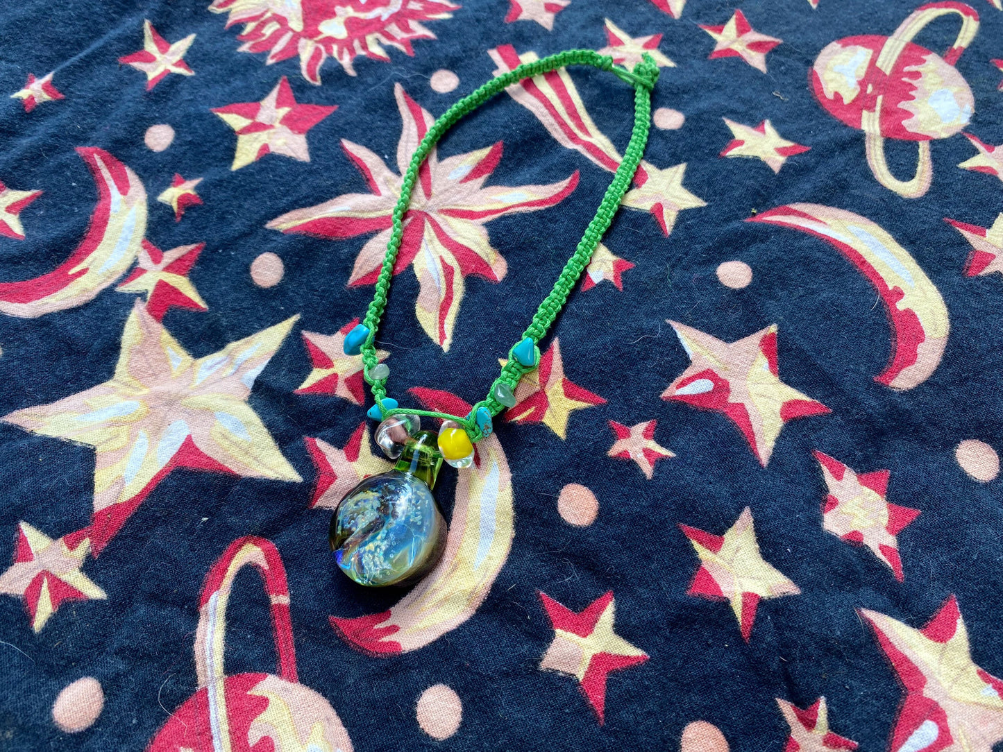 Ocean Eyes Handmade Glass Pendant on Green Hemp with Gemstone Chips