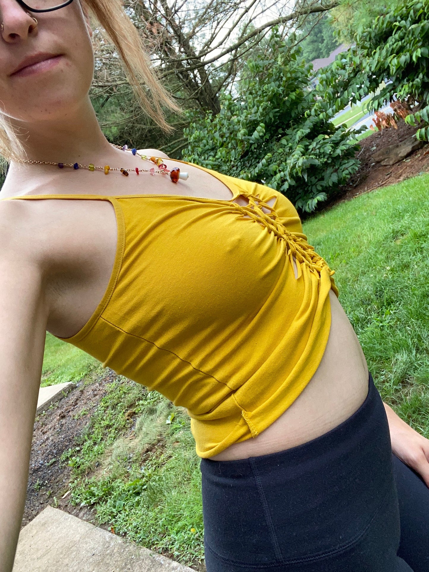 XS-M Slit Weave Camisole Braided Yellow Crop Top