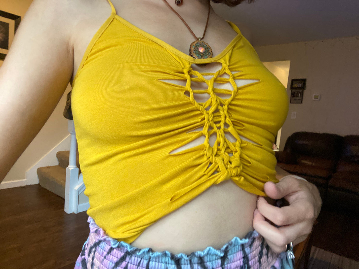 XS-M Slit Weave Camisole Braided Yellow Crop Top