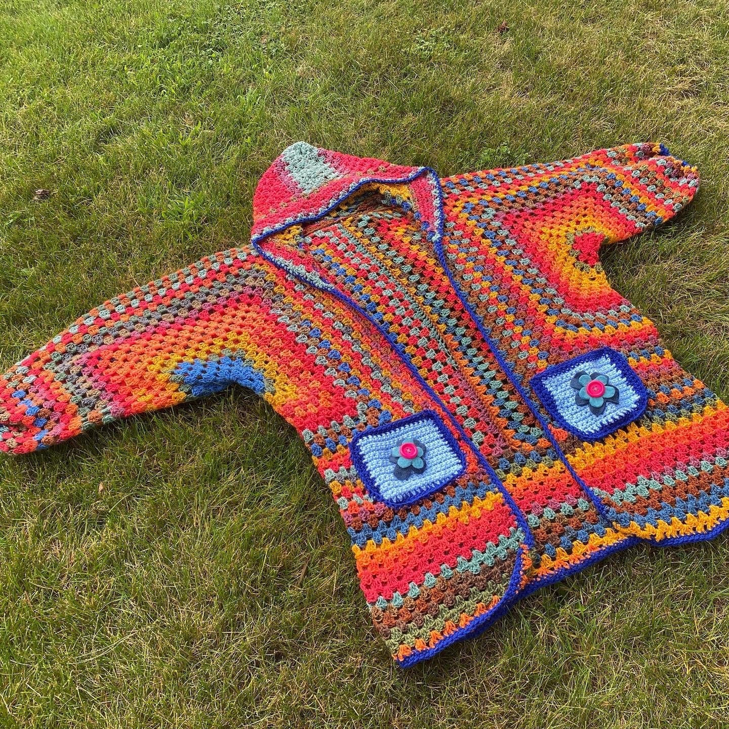 Customizable Rainbow Flower Pocket Crochet Cardigan