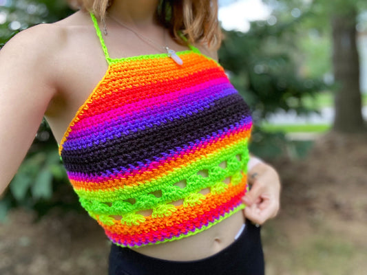 Black and Neon Striped Halter Top S/M/L