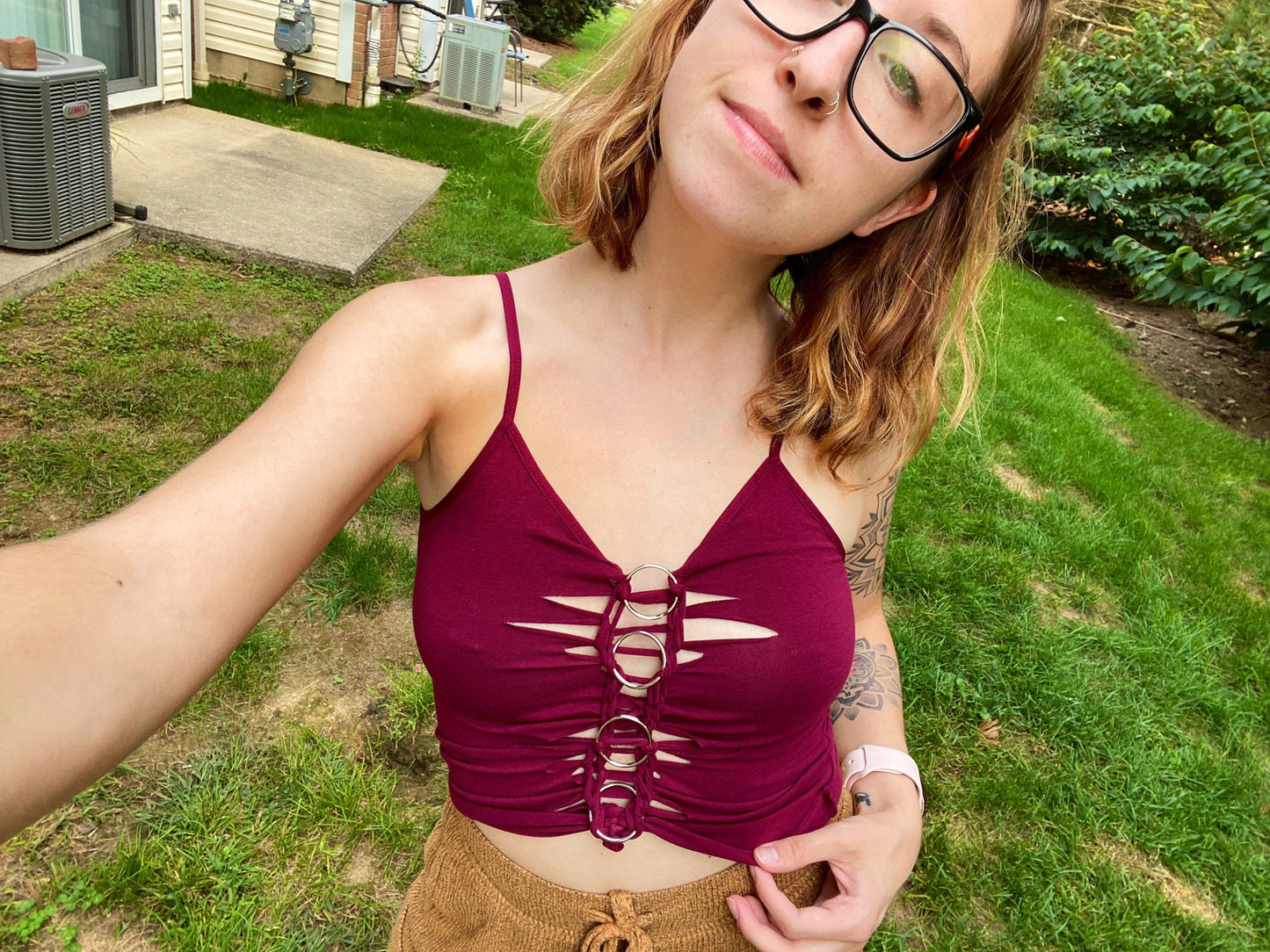 Maroon Slit Weave Crop Top