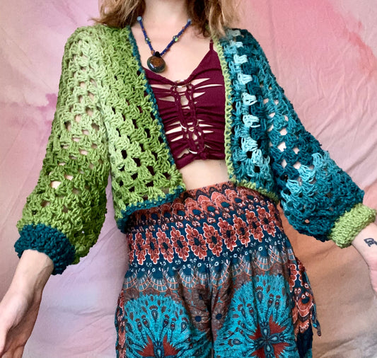 Green and Blue Cropped Crochet Cardigan