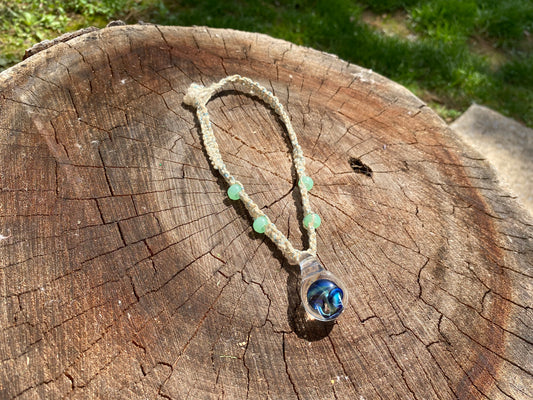 Handmade Glass Mushroom Pendant Hemp Choker with Glow in the Dark Beads