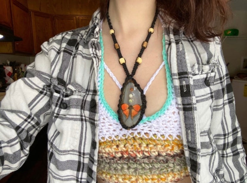 Sliced Agate Monarch Butterfly Hemp Necklace