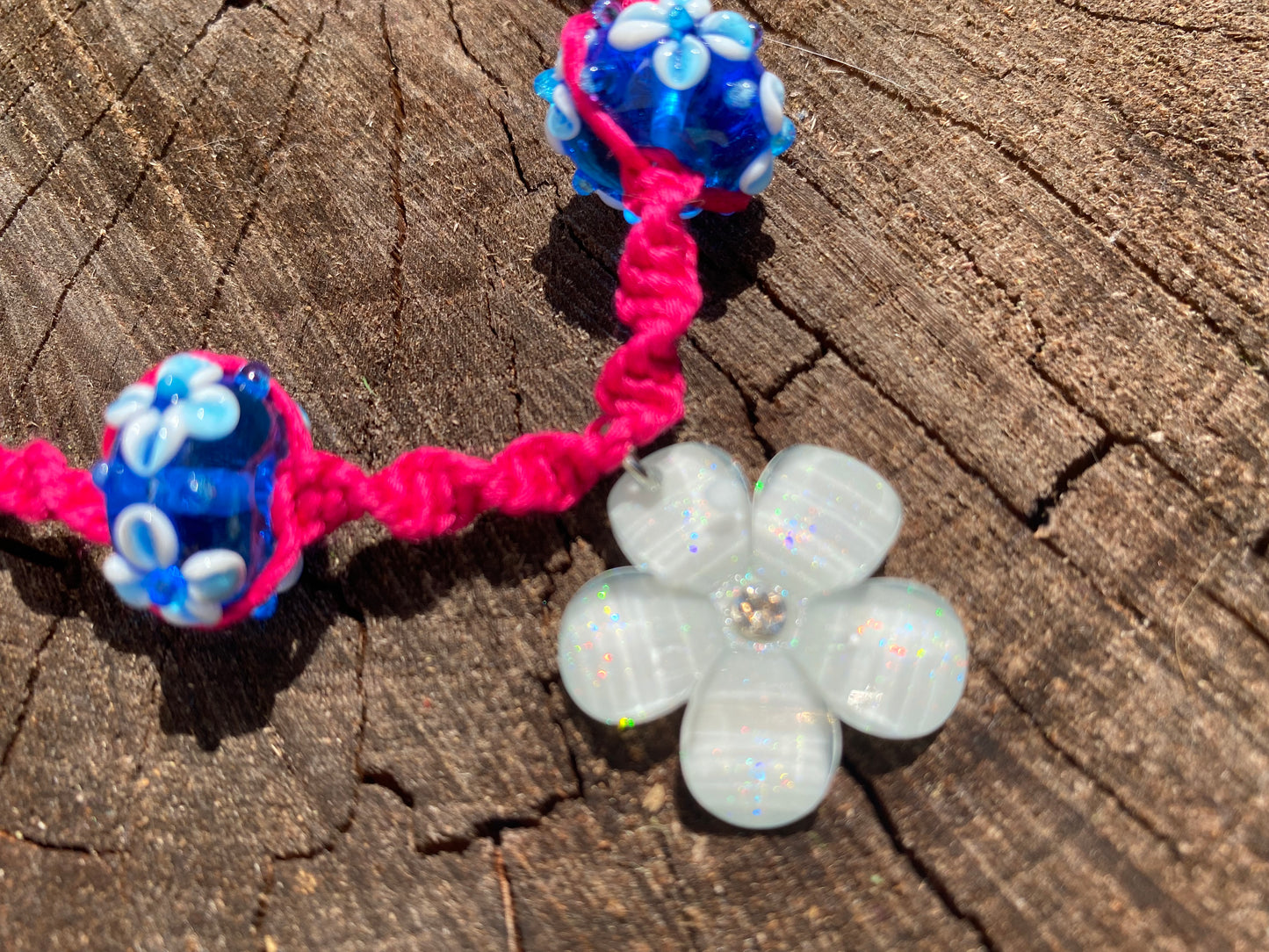 Pink Hemp Necklace with Glass Beads and Rhinestone Flower Pendant