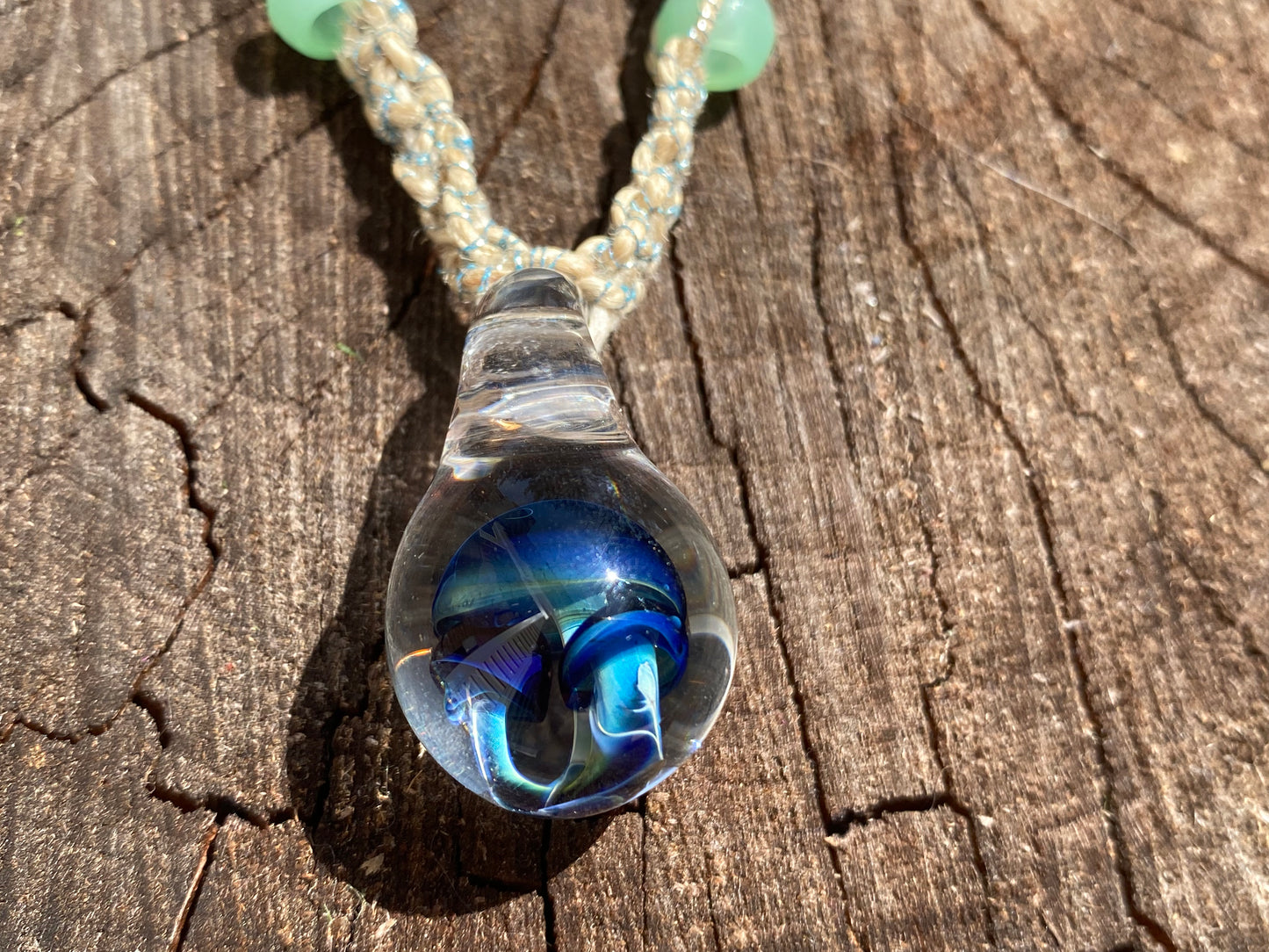 Handmade Glass Mushroom Pendant Hemp Choker with Glow in the Dark Beads