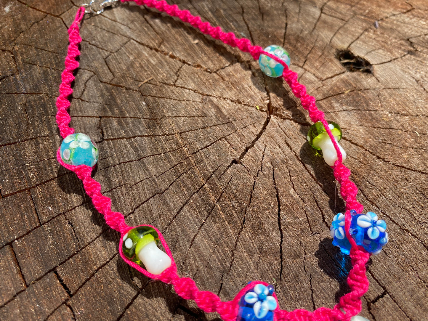 Pink Hemp Necklace with Glass Beads and Rhinestone Flower Pendant