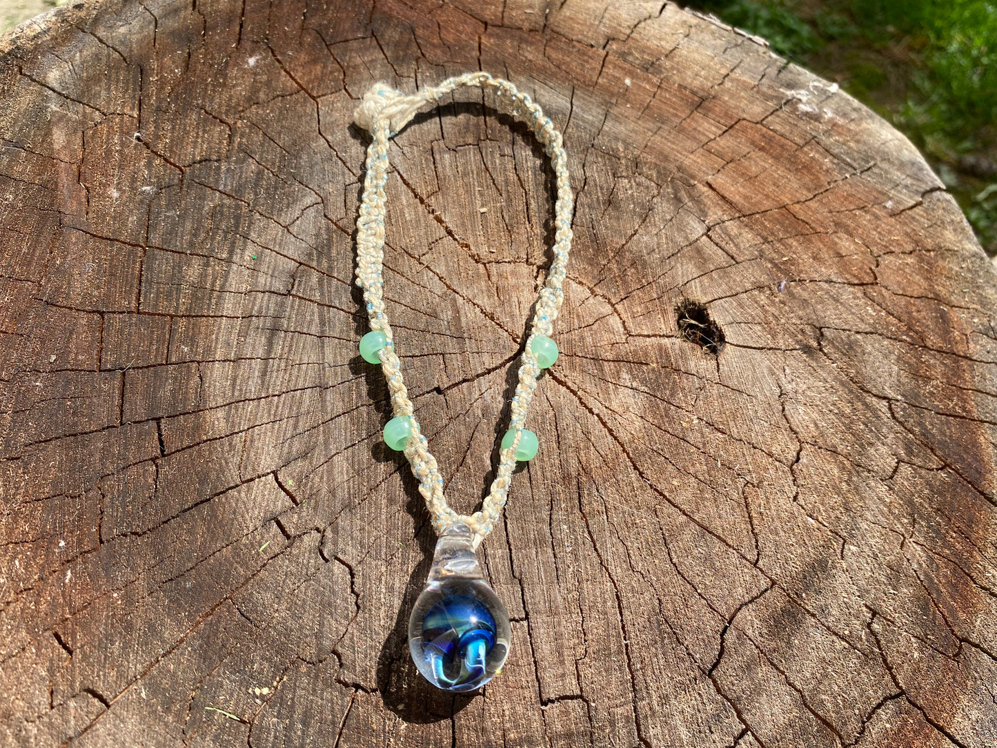 Handmade Glass Mushroom Pendant Hemp Choker with Glow in the Dark Beads