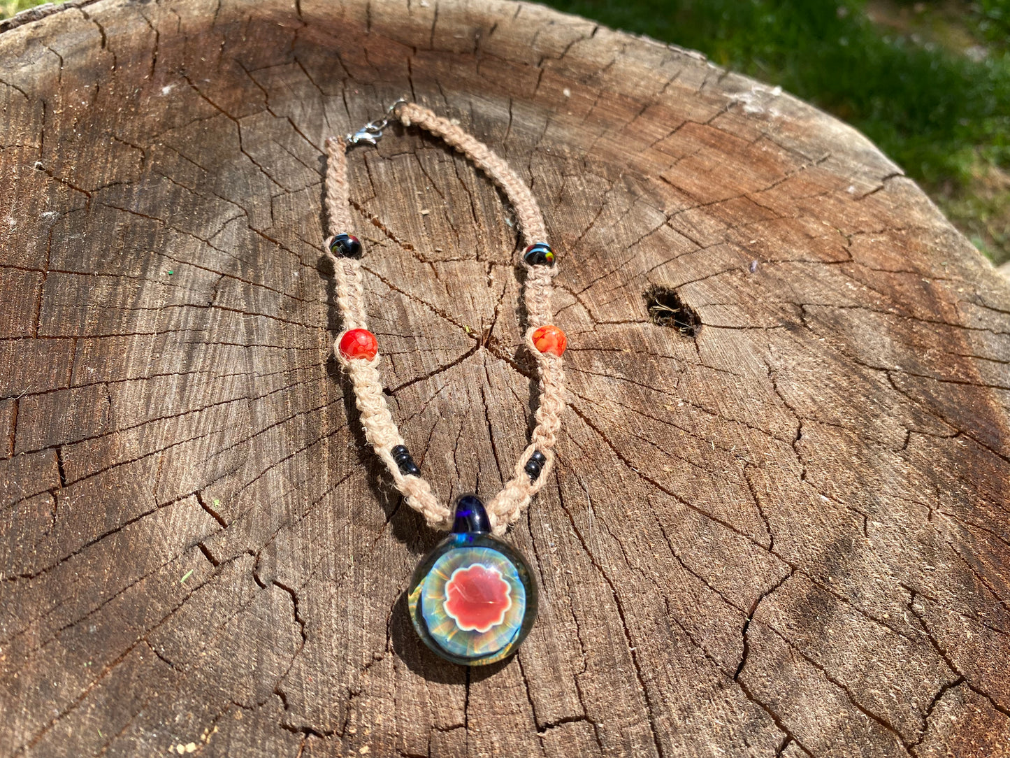 Hand Blown Glass Pendant Hemp Choker