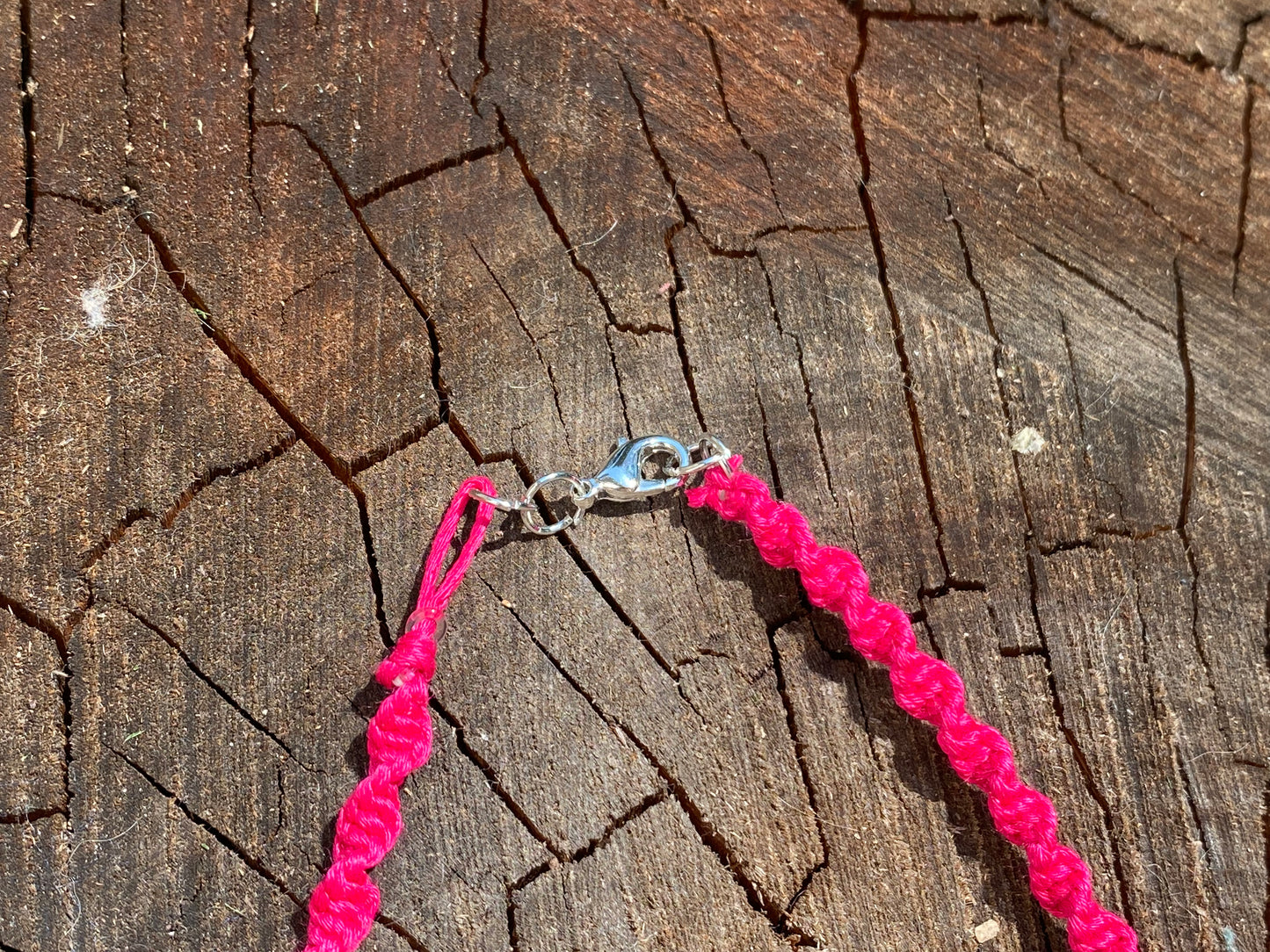 Pink Hemp Necklace with Glass Beads and Rhinestone Flower Pendant