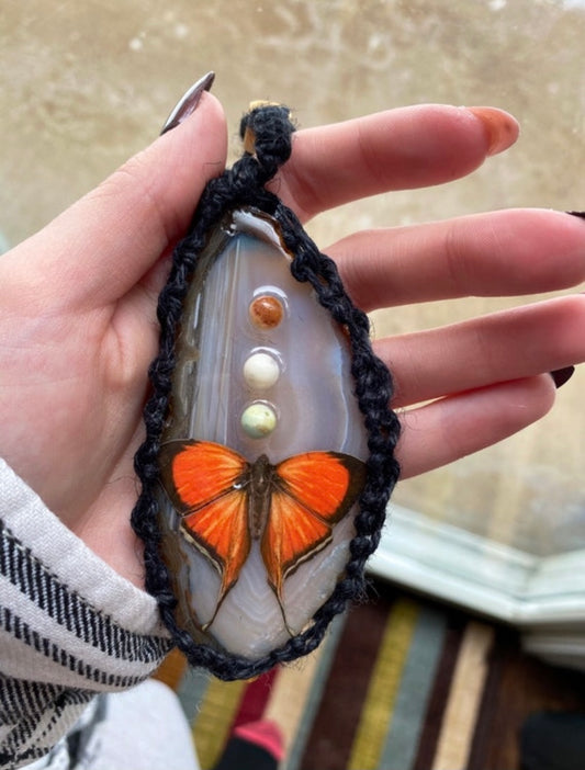 Sliced Agate Monarch Butterfly Hemp Necklace