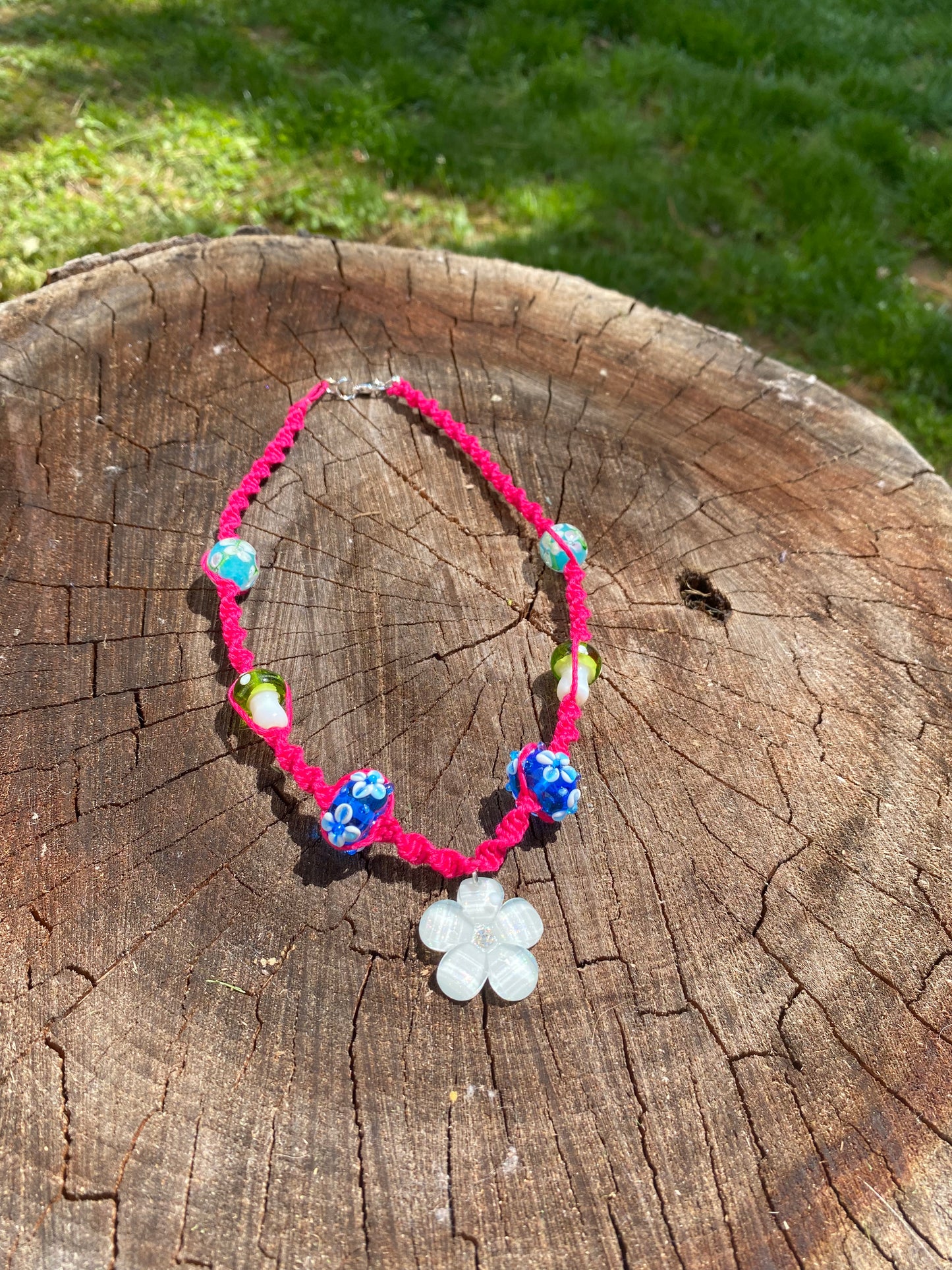 Pink Hemp Necklace with Glass Beads and Rhinestone Flower Pendant